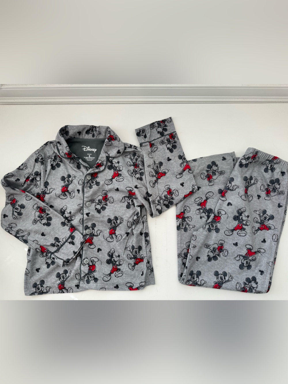 Disney Mickey Mouse Gray Button Front Pajama Set size 8